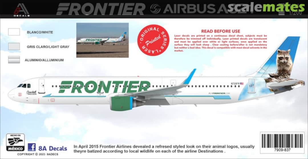 Boxart Frontier Airbus A321 Crocket the Racoon 7909-837-200 8aDecs Boxart Frontier Airbus A321 Crocket the Racoon 7909-837-200 8aDecs