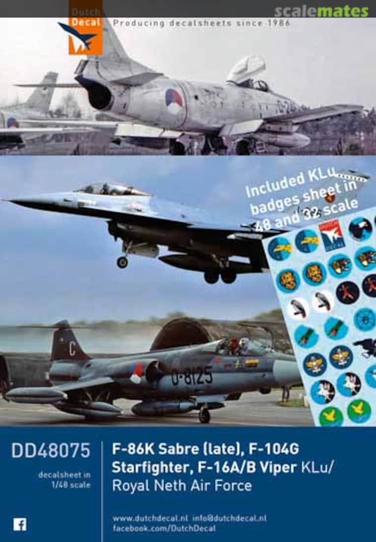 Boxart North-American F-86K Sabre (late), Lockheed F-104G Starfighter, F-16A/B Viper KLu/Royal Netherlands Air Force DD48075 Dutch Decal Boxart North-American F-86K Sabre (late), Lockheed F-104G Starfighter, F-16A/B Viper KLu/Royal Netherlands Air Force DD48075 Dutch Decal