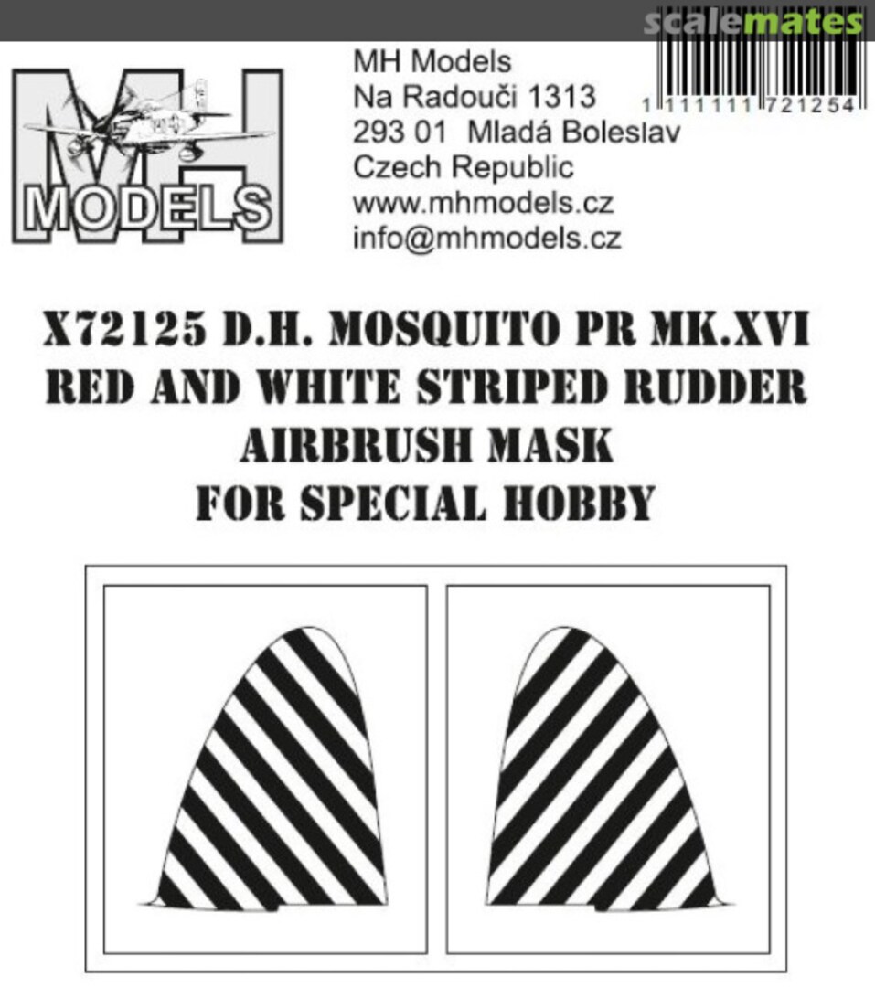 Boxart D.H. Mosquito PR Mk.XVI Red and white striped rudder airbrush mask X72125 MH Models Boxart D.H. Mosquito PR Mk.XVI Red and white striped rudder airbrush mask X72125 MH Models