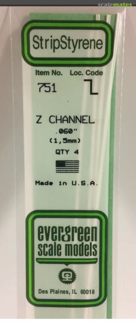 Boxart .060" (1.5mm) Opaque White Polystyrene Z Channel 751 Evergreen Scale Models