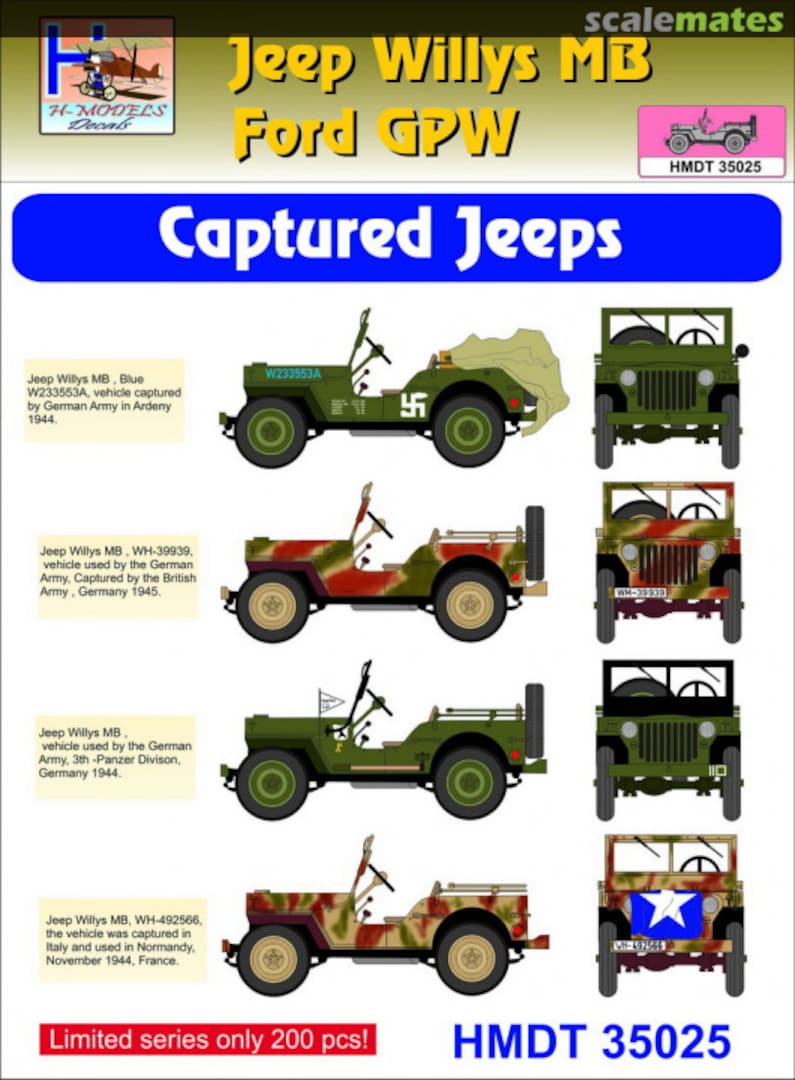 Boxart Willys Jeep MB/Ford GPW: Captured Jeeps HMT35025 H-Models Decals Boxart Willys Jeep MB/Ford GPW: Captured Jeeps HMT35025 H-Models Decals