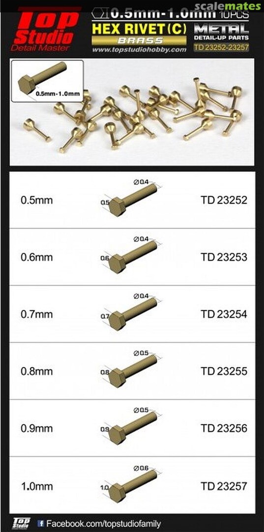 Boxart 0.8mm Hex Rivets (C) Brass TD23255 Top Studio