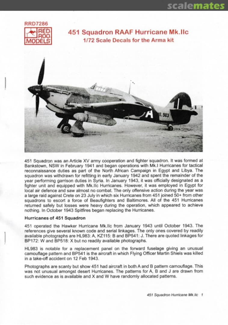 Boxart 451 Squadron RAAF Hurricane Mk.IIc RRD7286 Red Roo Models Boxart 451 Squadron RAAF Hurricane Mk.IIc RRD7286 Red Roo Models