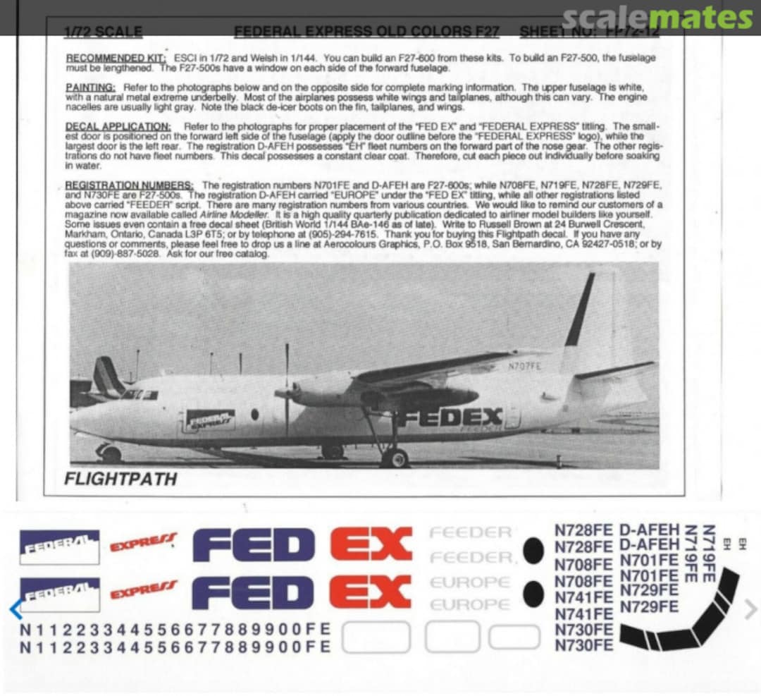 Boxart Federal Express Old Colors Fokker F-27-500/600 Friendship FP72-12 Flightpath Decals Boxart Federal Express Old Colors Fokker F-27-500/600 Friendship FP72-12 Flightpath Decals
