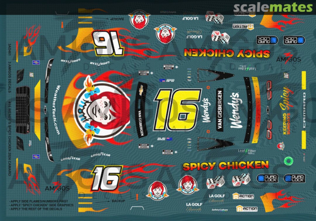 Boxart #16 Wendy’s Spicy Chicken 2024 Chevrolet Camaro 3AD461 3 Amigos Decals Boxart #16 Wendy’s Spicy Chicken 2024 Chevrolet Camaro 3AD461 3 Amigos Decals