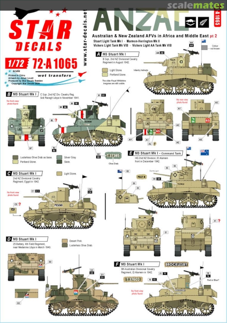 Boxart ANZAC Australian & New Zealand AFVs in Africa and Middle East pt 2 72-A 1065 Star Decals Boxart ANZAC Australian & New Zealand AFVs in Africa and Middle East pt 2 72-A 1065 Star Decals