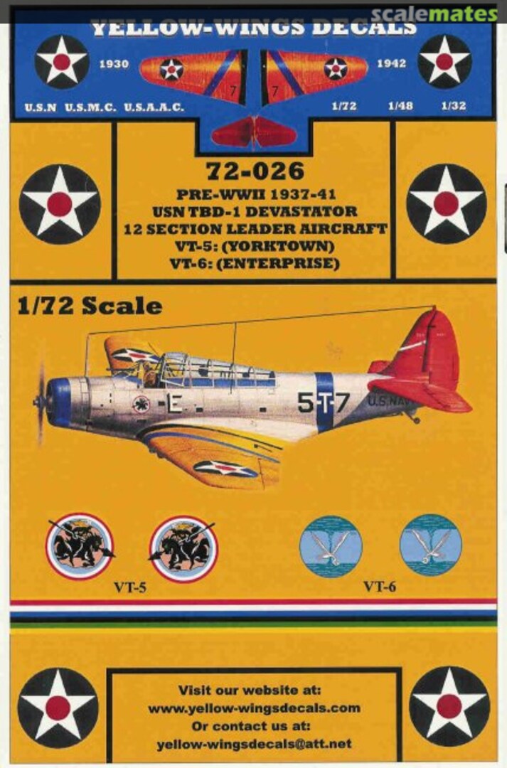 Boxart Pre-WWII 1937-41 USN TBD-1 Devastator 72-026 Yellow-Wings Decals Boxart Pre-WWII 1937-41 USN TBD-1 Devastator 72-026 Yellow-Wings Decals