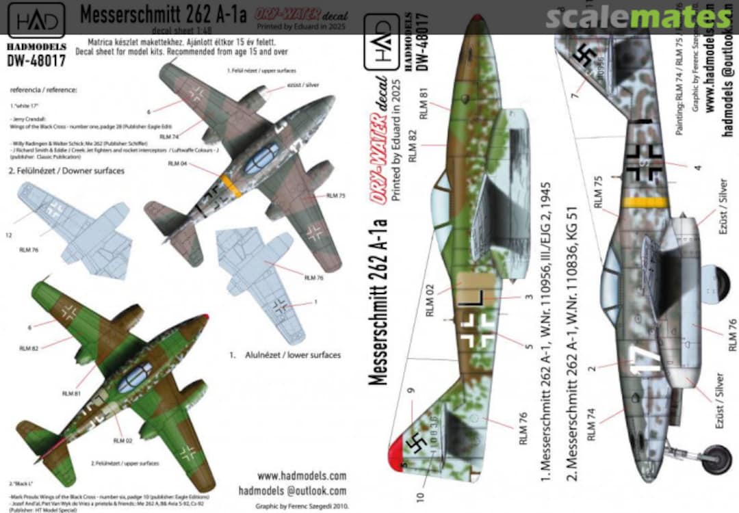 Boxart Me 262 A-1 (Luftwaffe black ”L”, white 17) decal sheet DW-48017 HADmodels 