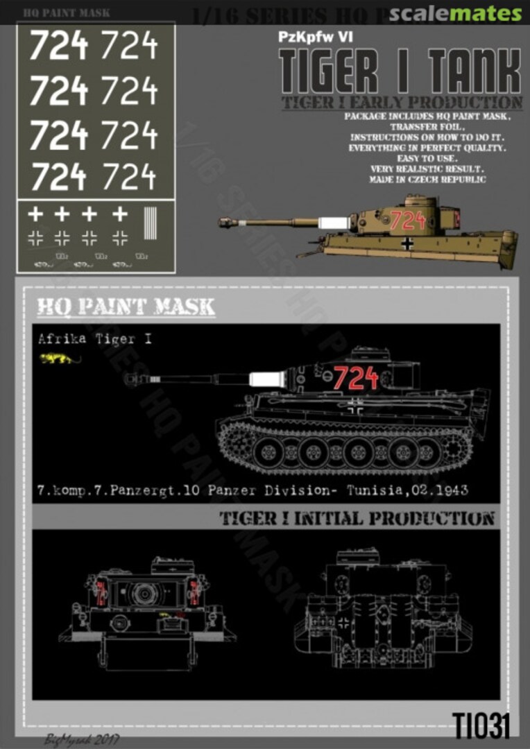 Boxart Tiger I #724 Initial Production 7.komp 7.Pz.Rgt. 10 Panzer Division - Tunisia 02.1943 Afrika Paint Mask TI 031 HQ-Masks Boxart Tiger I #724 Initial Production 7.komp 7.Pz.Rgt. 10 Panzer Division - Tunisia 02.1943 Afrika Paint Mask TI 031 HQ-Masks