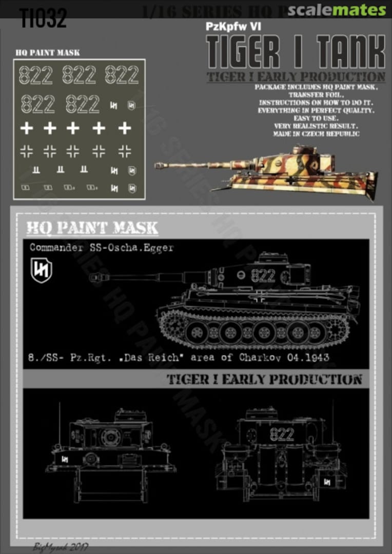 Boxart Tiger I #822 Early Production 8./SS-Pz.Rgt. 'Das Reich' area of Charkov 04.1943 Paint Mask TI 032 HQ-Masks Boxart Tiger I #822 Early Production 8./SS-Pz.Rgt. 'Das Reich' area of Charkov 04.1943 Paint Mask TI 032 HQ-Masks