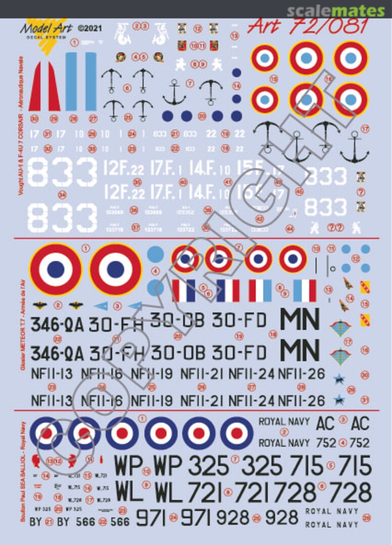 Boxart Vought AU-1 & F4U-7 Corsair/Gloster Meteor NF.11/Boulton Paul T.21 Sea Balliol 72/081 Model Art Decal System Boxart Vought AU-1 & F4U-7 Corsair/Gloster Meteor NF.11/Boulton Paul T.21 Sea Balliol 72/081 Model Art Decal System