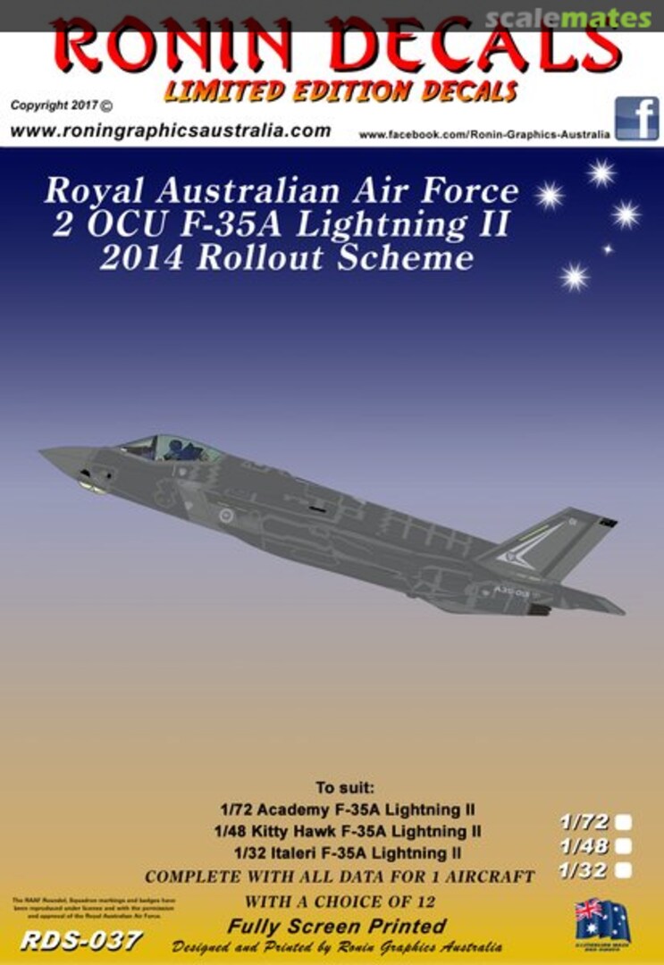 Boxart RAAF 2 OCU, F-35A Lightning II, 2014 Rollout Scheme RDS-037 Ronin Decals Boxart RAAF 2 OCU, F-35A Lightning II, 2014 Rollout Scheme RDS-037 Ronin Decals
