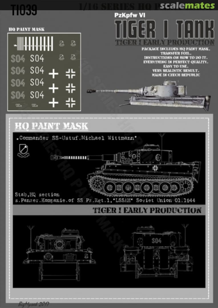 Boxart Tiger I #S04 Early Production Stab s.Pz.Kompanie of SS Pz.Rgt.1 LSSAH Soviet Union 01.1944 Michael Wittman Paint Mask TI 039 HQ-Masks Boxart Tiger I #S04 Early Production Stab s.Pz.Kompanie of SS Pz.Rgt.1 LSSAH Soviet Union 01.1944 Michael Wittman Paint Mask TI 039 HQ-Masks