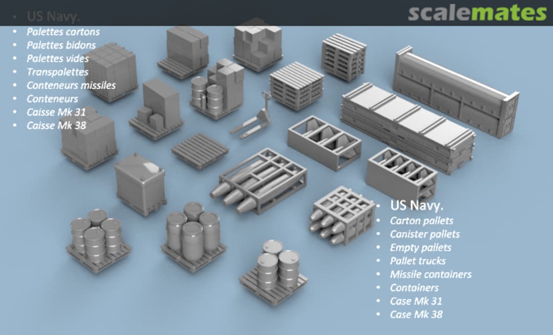 Boxart Assortment of US Navy Pallets and Accessories - 3D printed (76 pcs) 3D200202 L'Arsenal Boxart Assortment of US Navy Pallets and Accessories - 3D printed (76 pcs) 3D200202 L'Arsenal