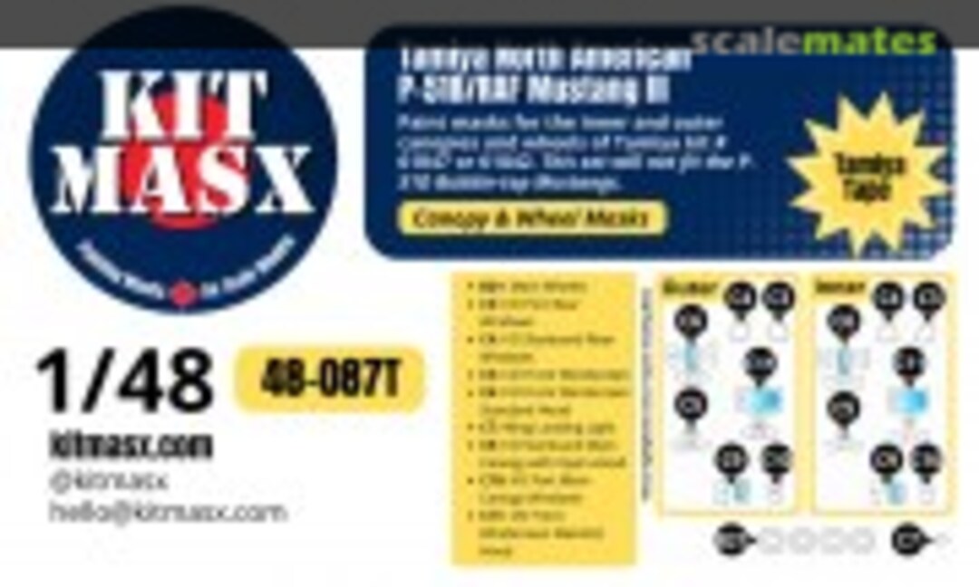 1:48 North American P-51B/RAF Mustang III, canopy & wheel masks (Kit Masx 48-087T) 48-087T