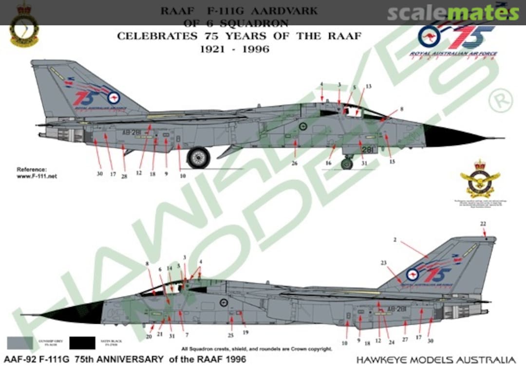 Boxart RAAF F-111G, A8-281, 6 Sqn. 75th Anniversary scheme 1921 - 1996 AAF-092 Hawkeye Models Boxart RAAF F-111G, A8-281, 6 Sqn. 75th Anniversary scheme 1921 - 1996 AAF-092 Hawkeye Models