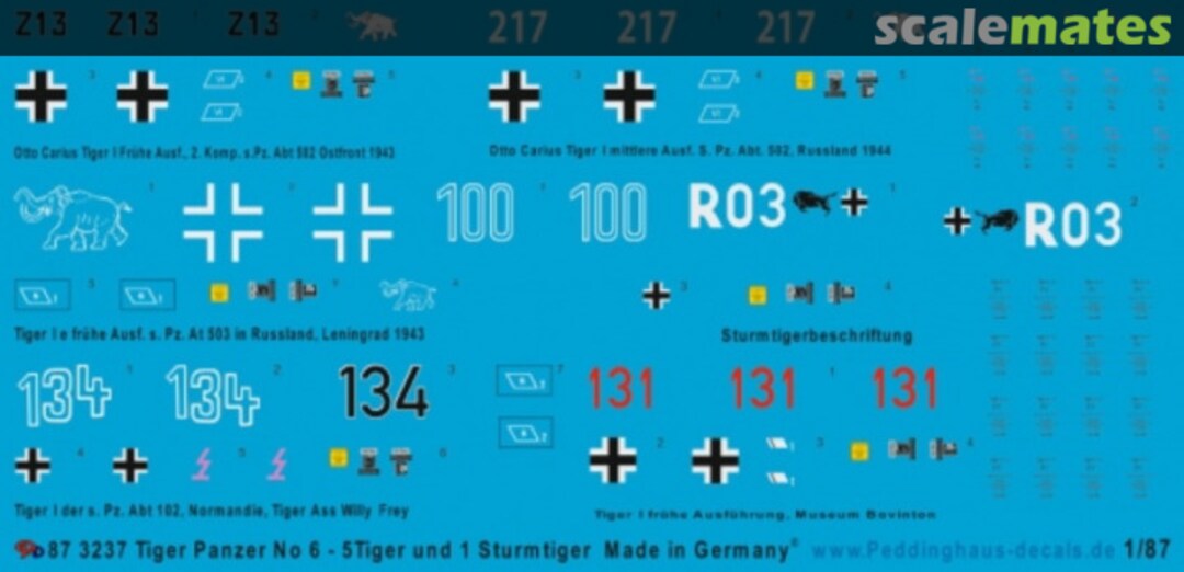 Boxart Tiger tanks N° 6 - 5 Tiger tanks and 1 Sturmtiger 87 3237 Peddinghaus-Decals Boxart Tiger tanks N° 6 - 5 Tiger tanks and 1 Sturmtiger 87 3237 Peddinghaus-Decals