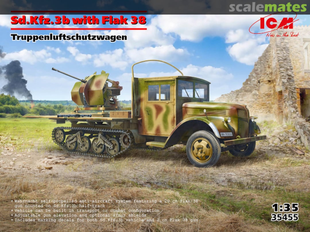 Boxart Sd.Kfz.3b with Flak 38 Truppenluftschutzwagen 35455 ICM Boxart Sd.Kfz.3b with Flak 38 Truppenluftschutzwagen 35455 ICM