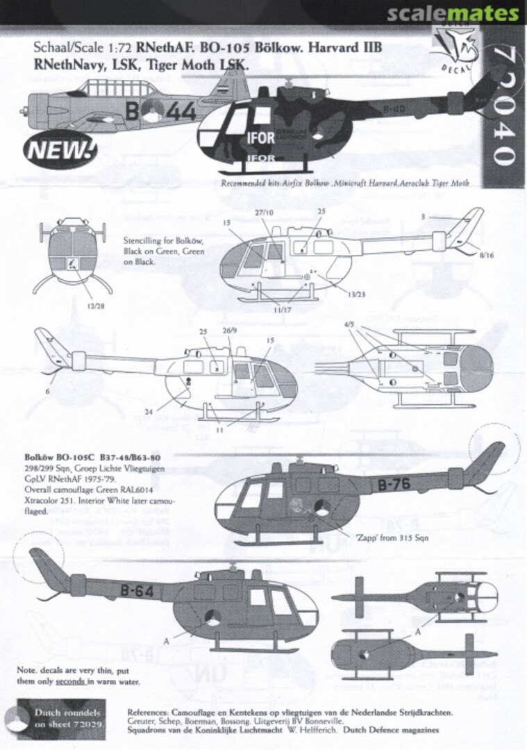 Boxart RNethAF Bo-105 Bölkow, Harvard IIB RNethNavy, LSK, Tiger Moth LSK 72040 Dutch Decal Boxart RNethAF Bo-105 Bölkow, Harvard IIB RNethNavy, LSK, Tiger Moth LSK 72040 Dutch Decal