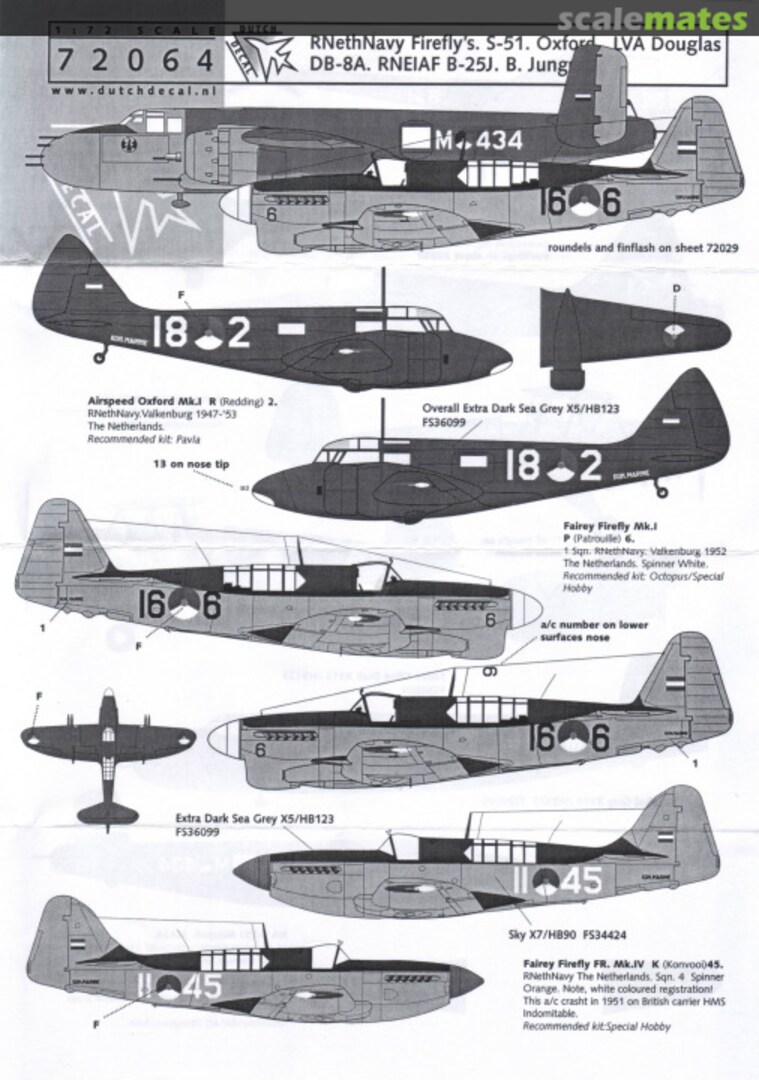 Boxart RNethNavy Firefly's, S-51, Oxford, LVA Douglas DB-8A, RNEIAF B-25J, Jungman 72064 Dutch Decal Boxart RNethNavy Firefly's, S-51, Oxford, LVA Douglas DB-8A, RNEIAF B-25J, Jungman 72064 Dutch Decal