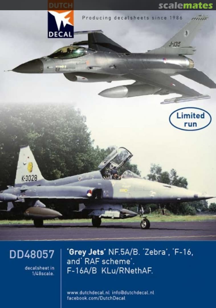 Boxart 'Grey Jets' NF-5A/B 'Zebra', F-16 and RAF Scheme, F-16A/B DD48057 Dutch Decal Boxart 'Grey Jets' NF-5A/B 'Zebra', F-16 and RAF Scheme, F-16A/B DD48057 Dutch Decal