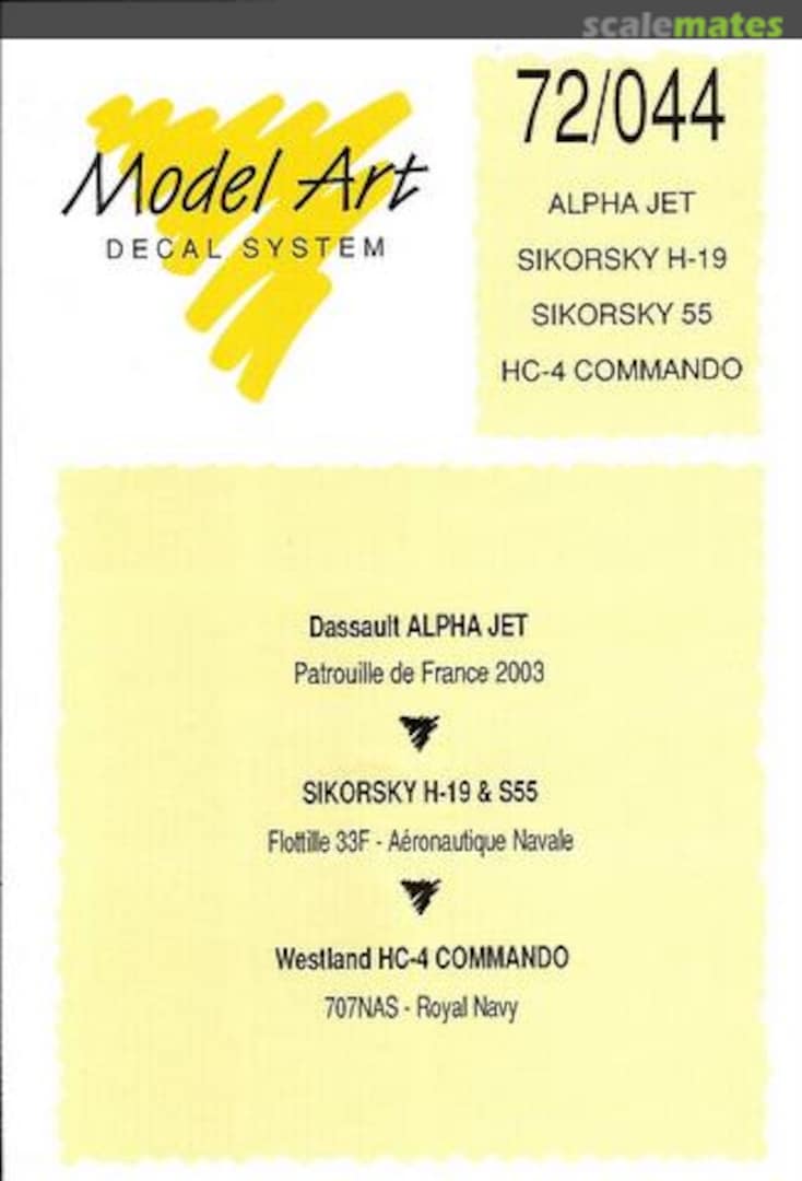 Boxart Alpha Jet, Sikorsky H-19, Sikorsky S-55, HC-4 Commando 72/044 Model Art Decal System Boxart Alpha Jet, Sikorsky H-19, Sikorsky S-55, HC-4 Commando 72/044 Model Art Decal System