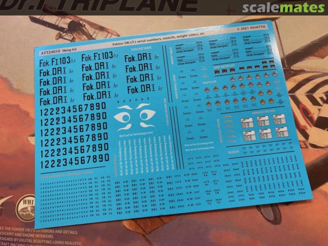 Boxart Fokker F.I/Dr.I serial numbers, stencils, weight tables etc Meng Model kit (Screen printed) ATT24010 Aviattic Boxart Fokker F.I/Dr.I serial numbers, stencils, weight tables etc Meng Model kit (Screen printed) ATT24010 Aviattic