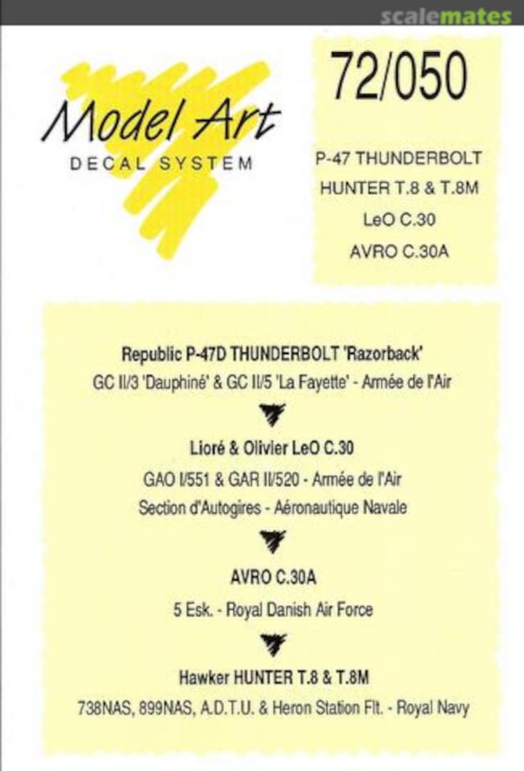 Boxart P-47 Thunderbolt, Hunter T.8/T.8M, LeO C.30/Avro C.30A 72/050 Model Art Decal System Boxart P-47 Thunderbolt, Hunter T.8/T.8M, LeO C.30/Avro C.30A 72/050 Model Art Decal System