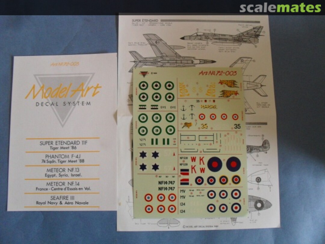 Boxart Super Etendard, Phantom F-4J, Meteor NF.13, Meteor NF.14, Seafire III 72/003 Model Art Decal System