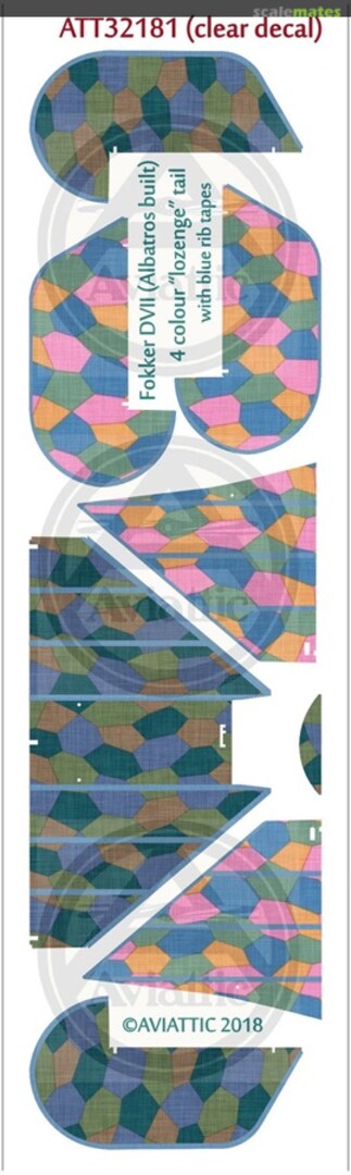 Boxart Fokker D.VII (Albatros built) 4 colour 'lozenge' tail with blue rib tapes (new tail sets) ATT32181 Aviattic Boxart Fokker D.VII (Albatros built) 4 colour 'lozenge' tail with blue rib tapes (new tail sets) ATT32181 Aviattic