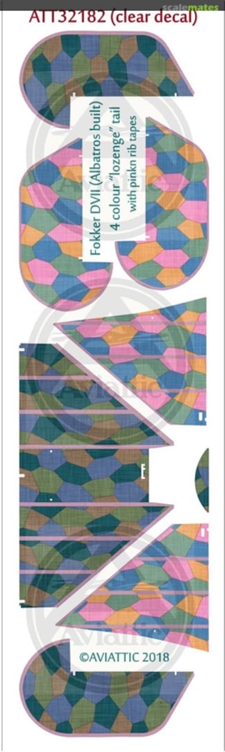 Boxart Fokker D.VII (Albatros built) 4 colour 'lozenge' tail with pink rib tapes (new tail sets) ATT32182 Aviattic Boxart Fokker D.VII (Albatros built) 4 colour 'lozenge' tail with pink rib tapes (new tail sets) ATT32182 Aviattic