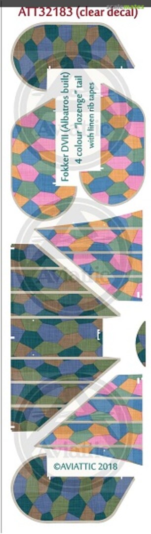 Boxart Fokker D.VII (Albatros built) 4 colour 'lozenge' tail with linen rib tapes (new tail sets) ATT32183 Aviattic Boxart Fokker D.VII (Albatros built) 4 colour 'lozenge' tail with linen rib tapes (new tail sets) ATT32183 Aviattic