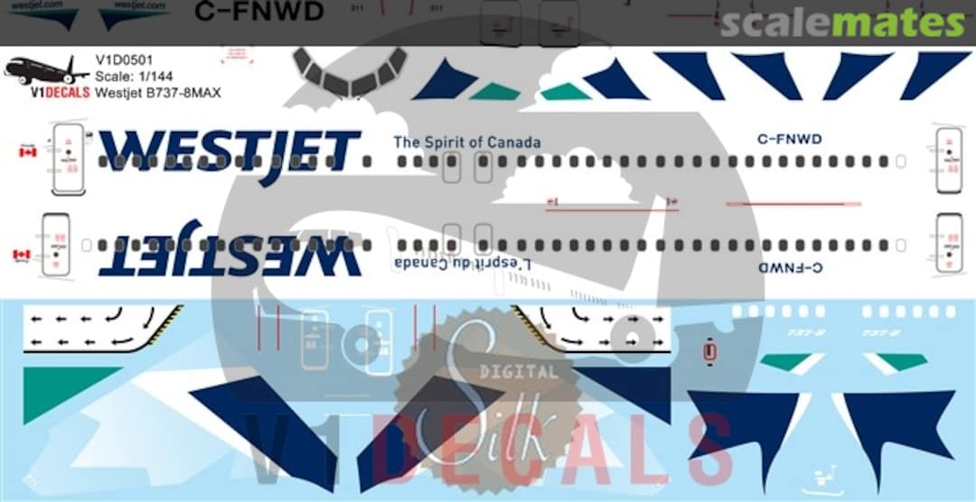 Boxart Westjet Boeing 737-8 MAX V1D0501-144 V1 Decals Boxart Westjet Boeing 737-8 MAX V1D0501-144 V1 Decals