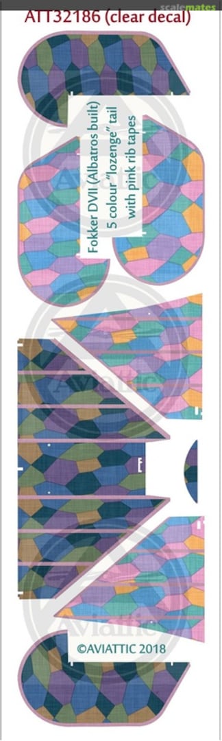 Boxart Fokker D.VII (Albatros built) 5 colour 'lozenge' tail with pink rib tapes (new tail sets) ATT32186 Aviattic Boxart Fokker D.VII (Albatros built) 5 colour 'lozenge' tail with pink rib tapes (new tail sets) ATT32186 Aviattic