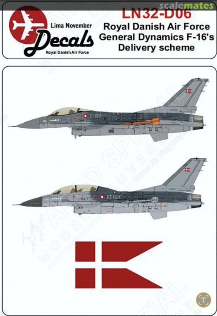 Boxart Royal Danish Air Force General Dynamics F-16's Delivery scheme LN32-D06 Lima November Decals Boxart Royal Danish Air Force General Dynamics F-16's Delivery scheme LN32-D06 Lima November Decals