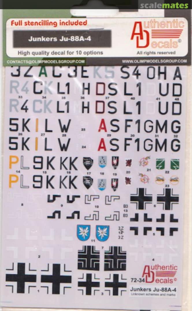 Boxart Junkers Ju-88A-4 72-34 Authentic Decals Boxart Junkers Ju-88A-4 72-34 Authentic Decals