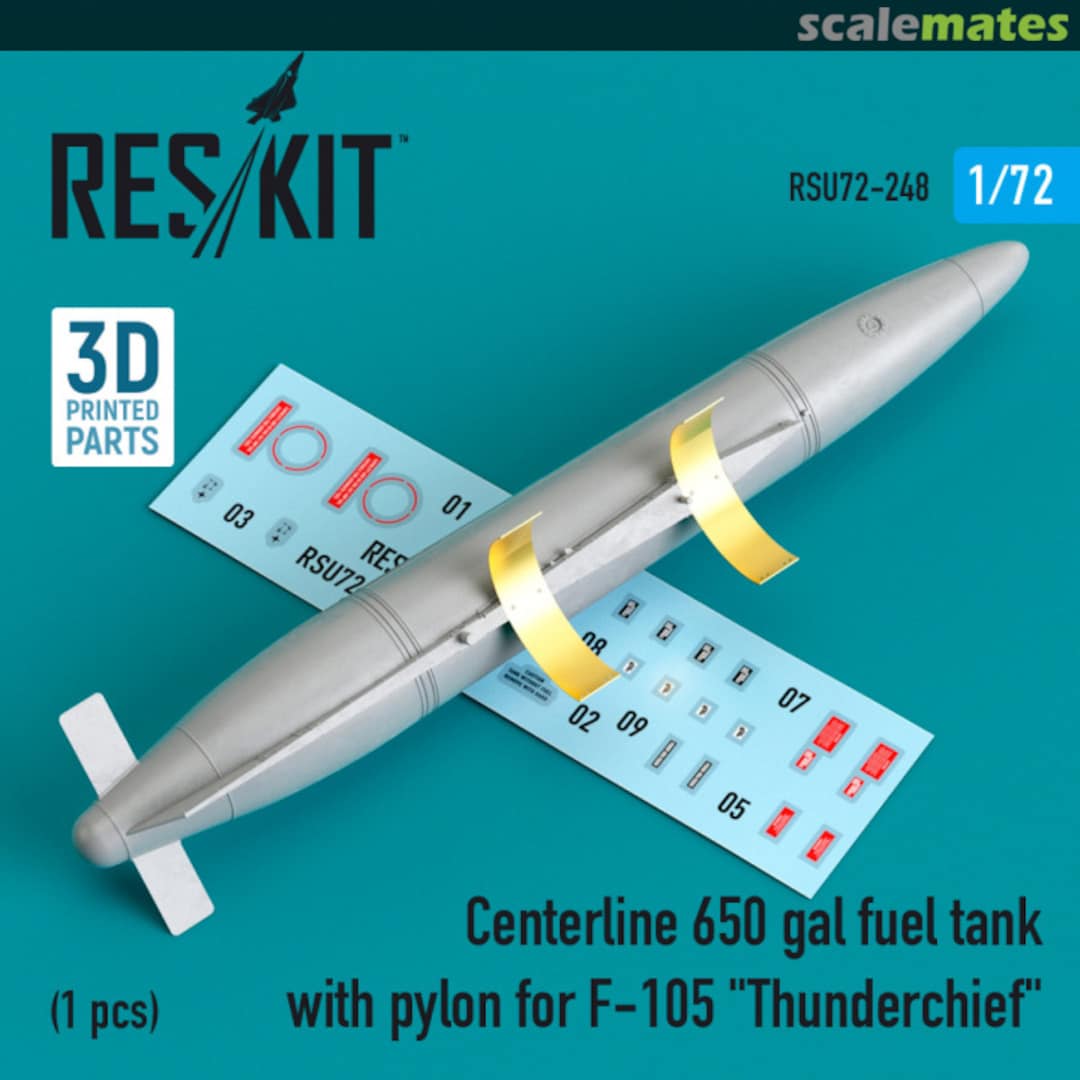 Boxart Centerline 650 gal fuel tank with pylons for F-105 Thunderchief (1 pc.) (3D Printed) RSU72-0248 ResKit Boxart Centerline 650 gal fuel tank with pylons for F-105 Thunderchief (1 pc.) (3D Printed) RSU72-0248 ResKit
