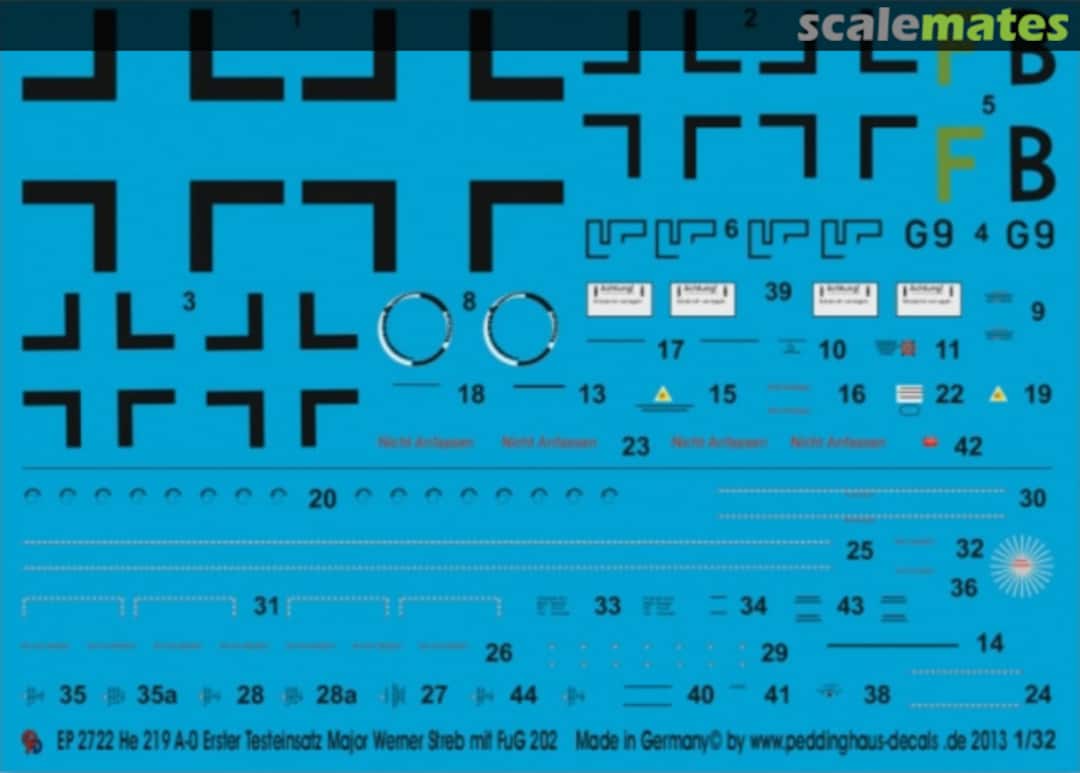 Boxart He 219 A-0 first actionflight of Major Werner Streb with FuG 202 EP 2722 Peddinghaus-Decals Boxart He 219 A-0 first actionflight of Major Werner Streb with FuG 202 EP 2722 Peddinghaus-Decals