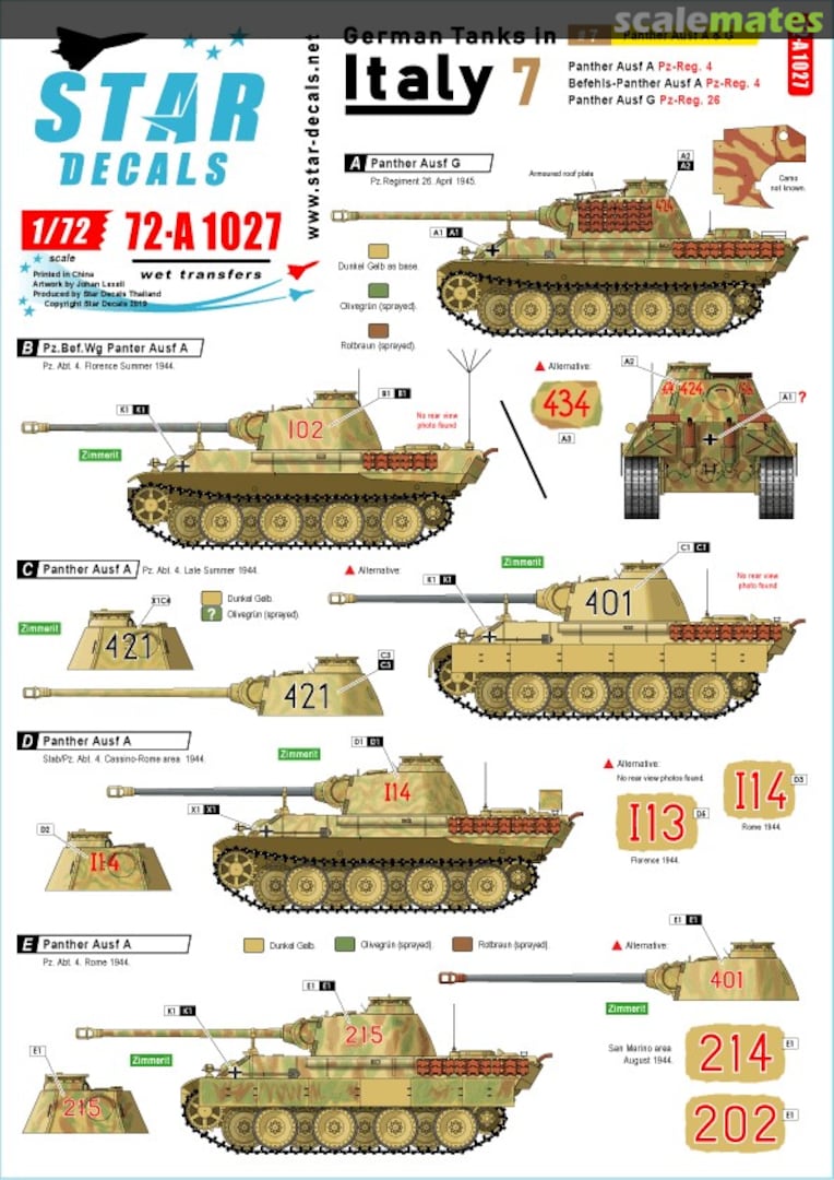 Boxart German tanks in Italy # 7. Panther Ausf A and G 72-A1027 Star Decals Boxart German tanks in Italy # 7. Panther Ausf A and G 72-A1027 Star Decals
