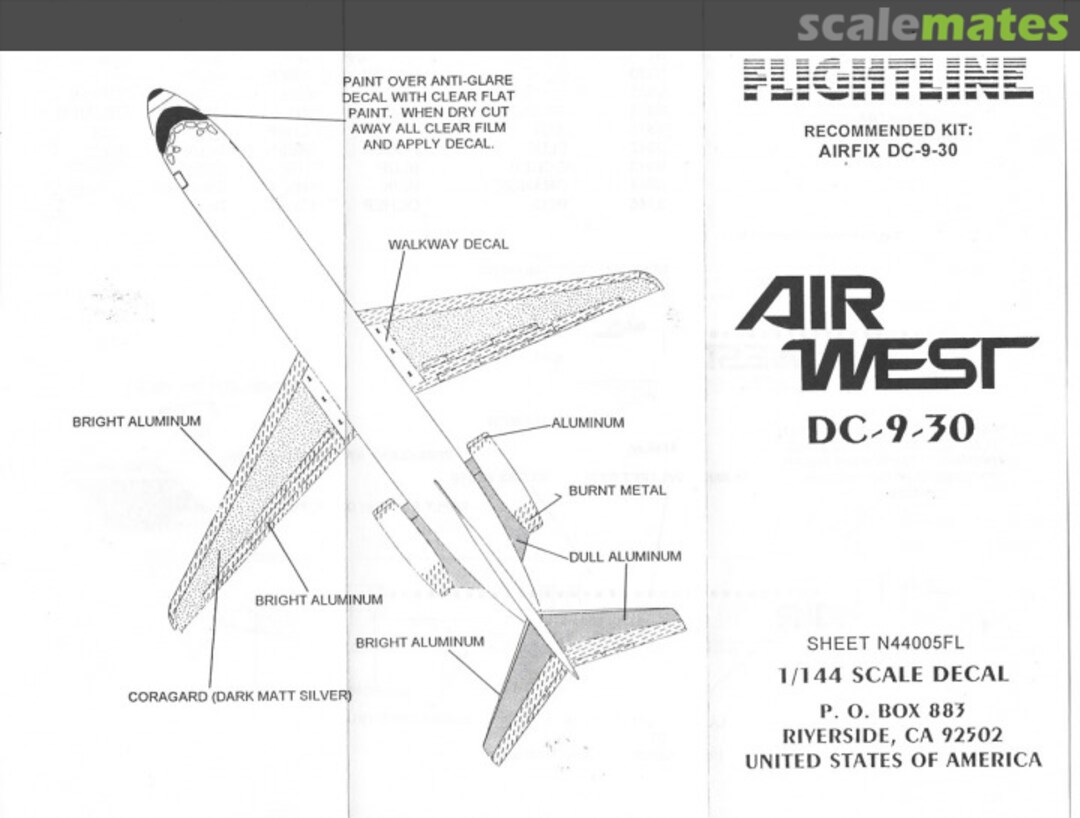 Boxart Air West DC-9s (five different color versions) N44005FL Flightline Decals Boxart Air West DC-9s (five different color versions) N44005FL Flightline Decals