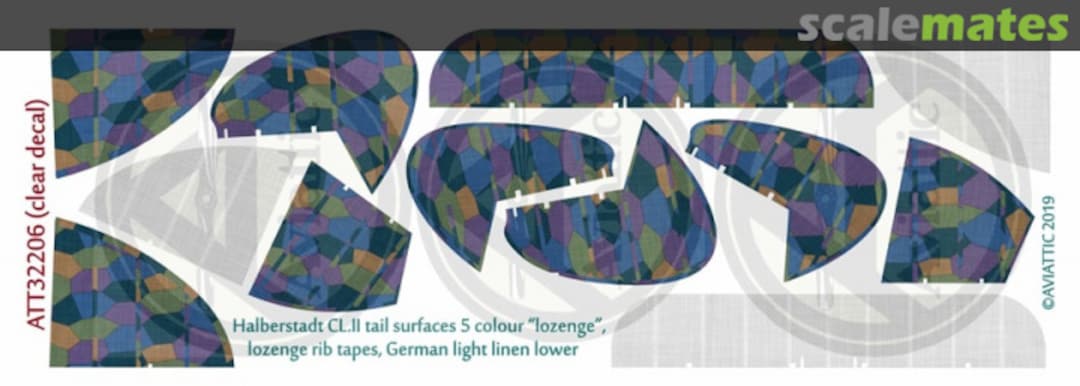 Boxart Halberstadt CL.II tail surfaces 5 colour 'lozenge' w/lozenge rib tapes German light linen lower (Clear decal paper) ATT32206 Aviattic Boxart Halberstadt CL.II tail surfaces 5 colour 'lozenge' w/lozenge rib tapes German light linen lower (Clear decal paper) ATT32206 Aviattic