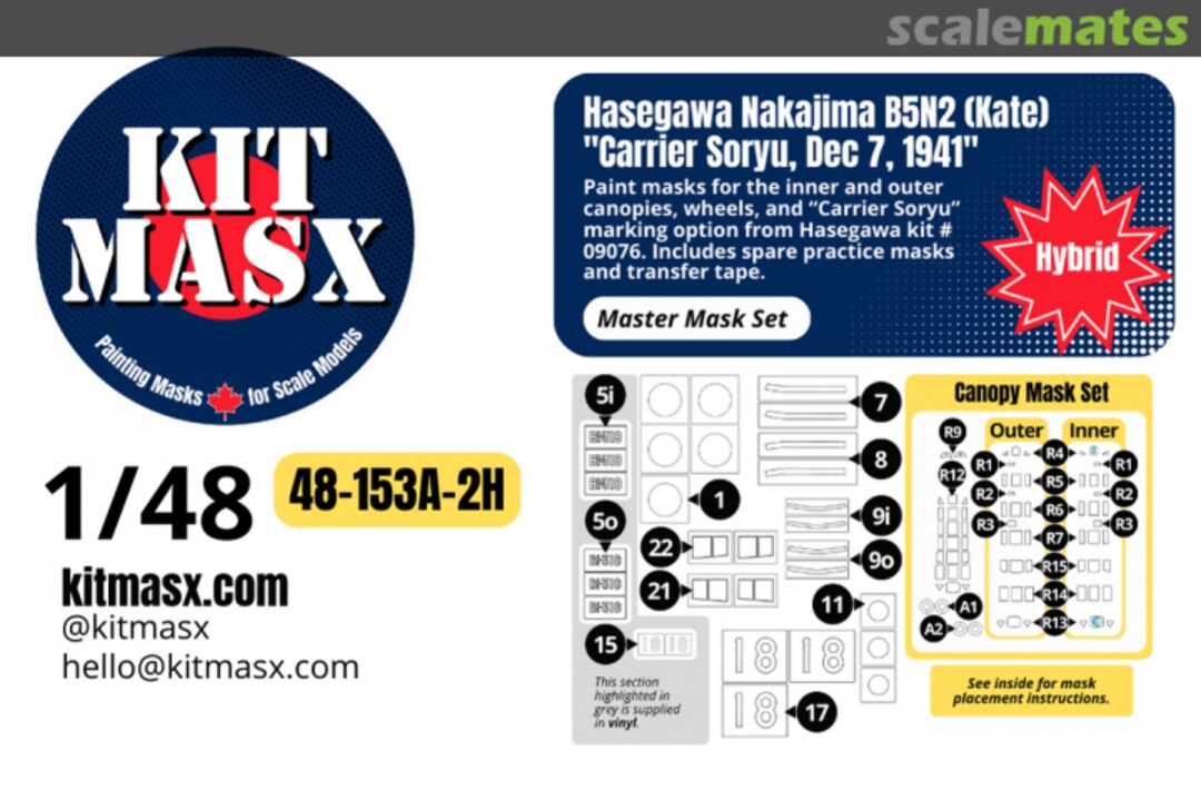 Boxart Nakajima B5N2 (Kate) 'Carrier Soryu, Dec 7 1941', master masks set (markings, canopy & wheels) 48-153A-2H Kit Masx Boxart Nakajima B5N2 (Kate) 'Carrier Soryu, Dec 7 1941', master masks set (markings, canopy & wheels) 48-153A-2H Kit Masx