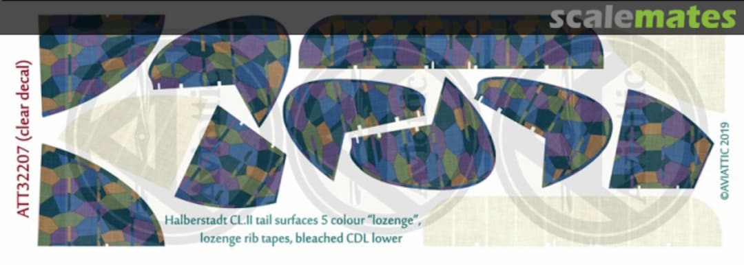 Boxart Halberstadt CL.II tail surfaces 5 colour alt. palette 'lozenge' w/lozenge rib tapes, bleached CDL lower (Clear decal) ATT32207 Aviattic Boxart Halberstadt CL.II tail surfaces 5 colour alt. palette 'lozenge' w/lozenge rib tapes, bleached CDL lower (Clear decal) ATT32207 Aviattic