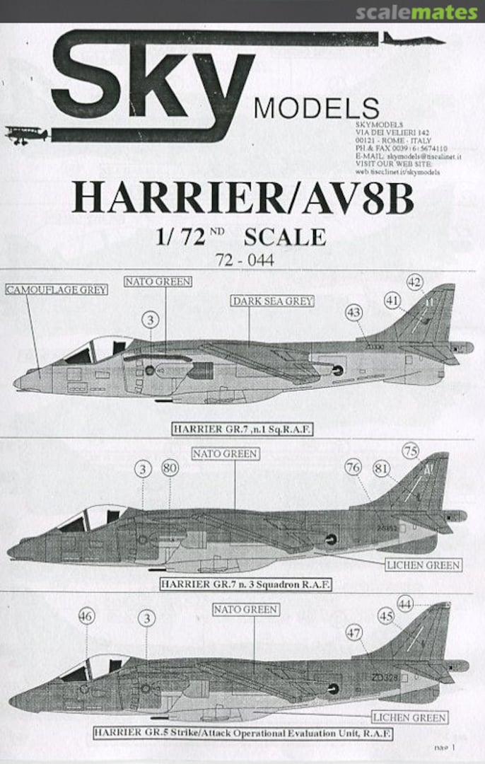 Contents BAe-McDonnell Harrier-AV8B 72-044 Sky Models Contents BAe-McDonnell Harrier-AV8B 72-044 Sky Models