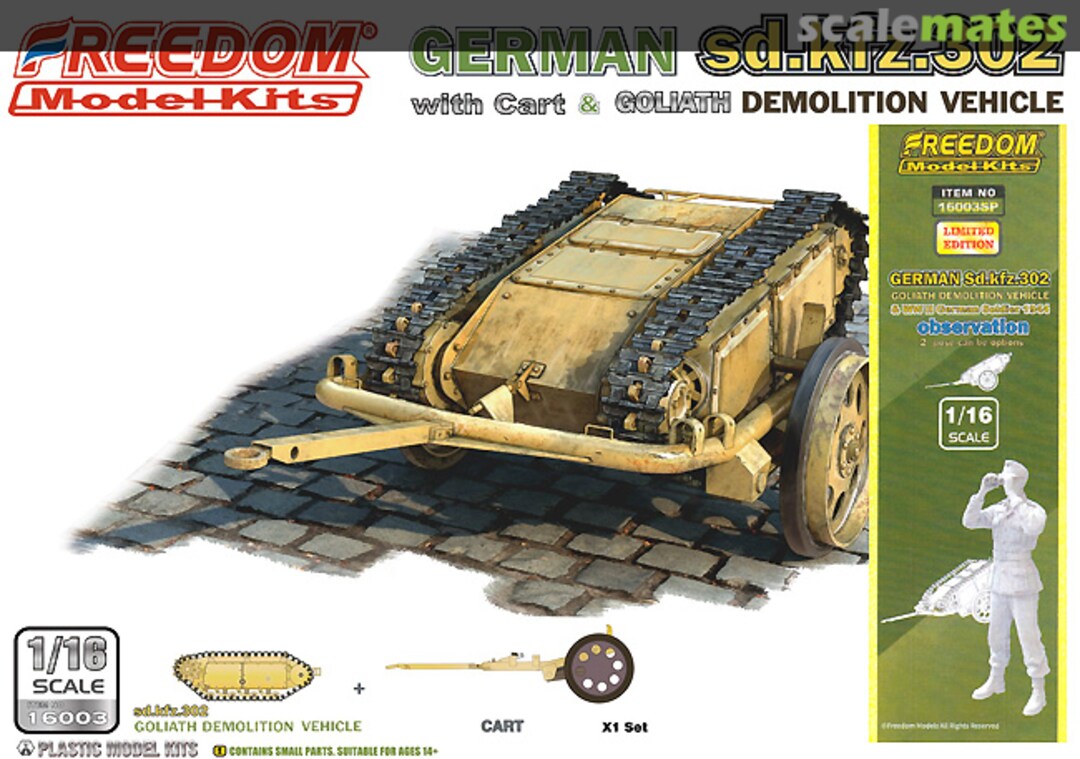 Boxart Sd.kfz. 302 Goliath Demolition Vehicle with cart & German Soldier 1944 Observation 16003SP Freedom Model Kits Boxart Sd.kfz. 302 Goliath Demolition Vehicle with cart & German Soldier 1944 Observation 16003SP Freedom Model Kits