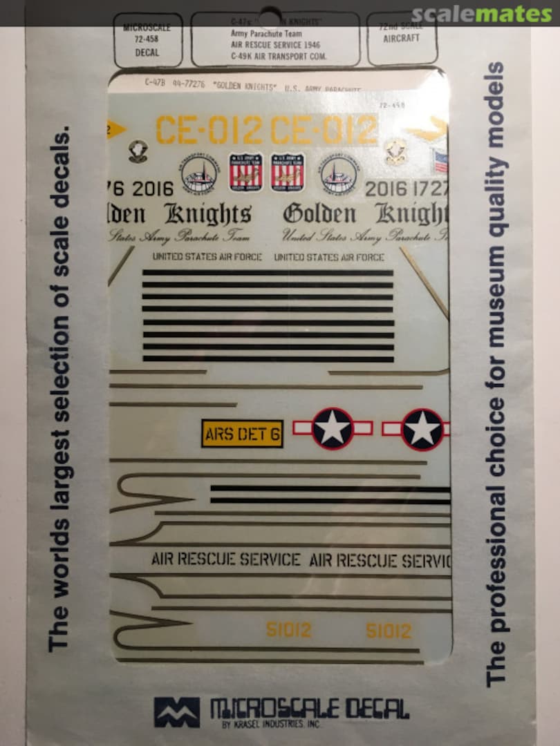 Boxart C-47s "Golden Knights" Army Parachute Team, Air Rescue Service 1946, C-49K Air Transport Command 72-458 Microscale Boxart C-47s "Golden Knights" Army Parachute Team, Air Rescue Service 1946, C-49K Air Transport Command 72-458 Microscale