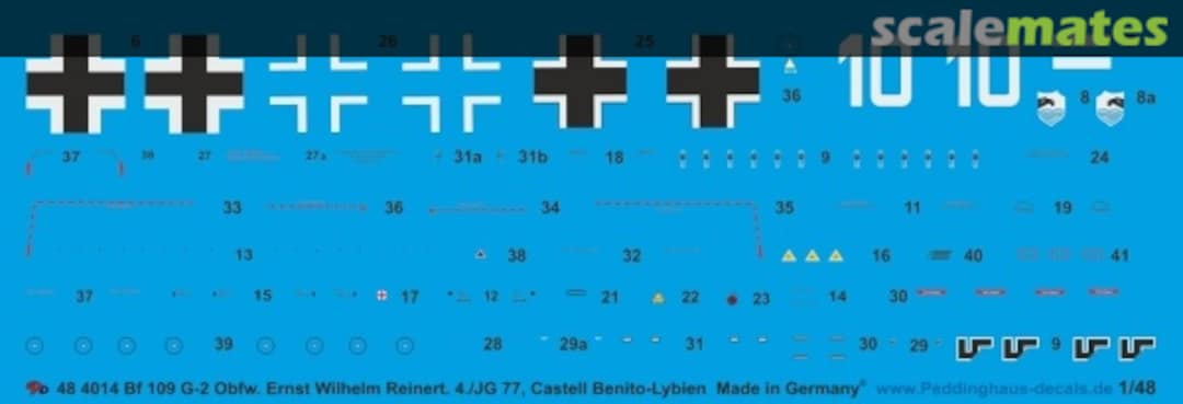 Boxart Bf 109 G-2 Obfw. Ernst Wilhelm Reinert, 4./JG 77 Castell Benito-Lybien 43 48 4014 Peddinghaus-Decals Boxart Bf 109 G-2 Obfw. Ernst Wilhelm Reinert, 4./JG 77 Castell Benito-Lybien 43 48 4014 Peddinghaus-Decals