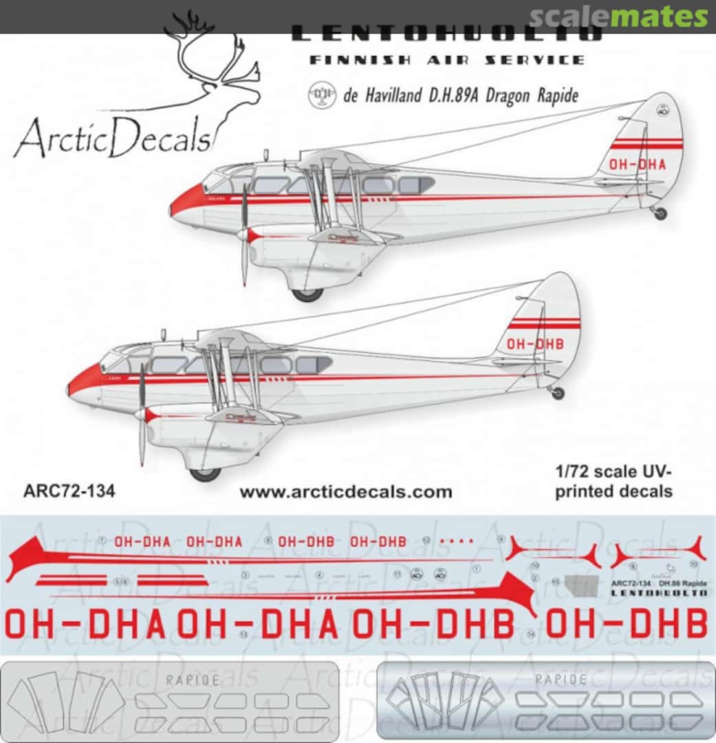 Boxart Lentohuolto de Havilland D.H.89A Dragon Rapide ARC72-134 Arctic Decals Boxart Lentohuolto de Havilland D.H.89A Dragon Rapide ARC72-134 Arctic Decals