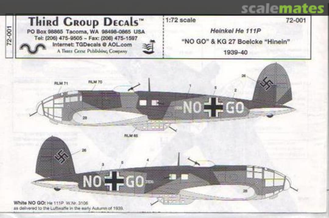 Contents Heinkel He-111P 72-001 Third Group Decals
