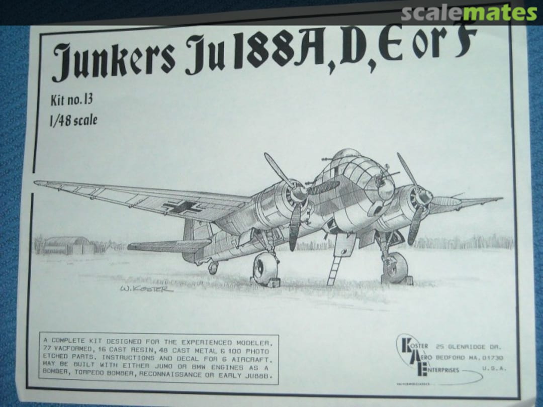 Boxart Junkers Ju 188A, D, E, or F 13 Koster Aero Enterprises Boxart Junkers Ju 188A, D, E, or F 13 Koster Aero Enterprises